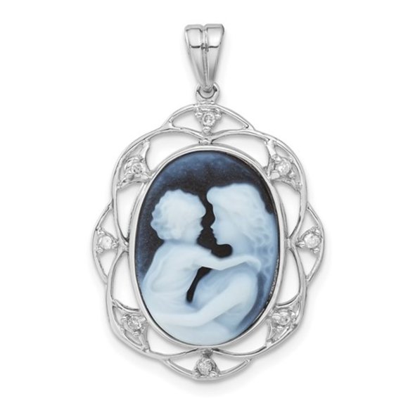 14k White Gold Everlasting Love Diamond Agate Cameo Pendant